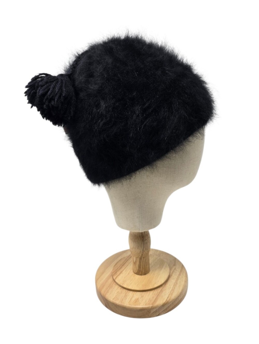 Vintage Darn Fine Hats Handcrafted Angora Wool Beanie With Tassel Pom Pom Black - Picture 4 of 11
